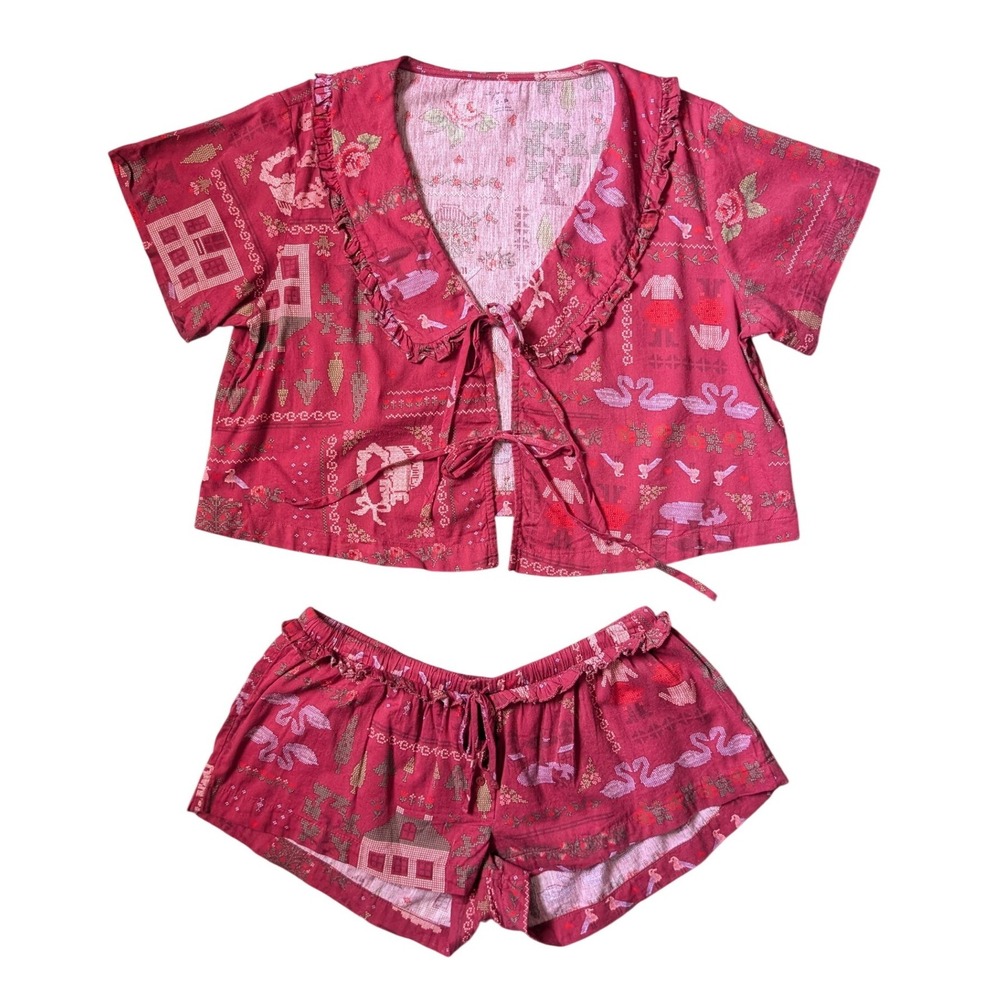 UO Out from Under Burgundy Fairy Cottagecore Cabincore Ruffle Short Pj Set